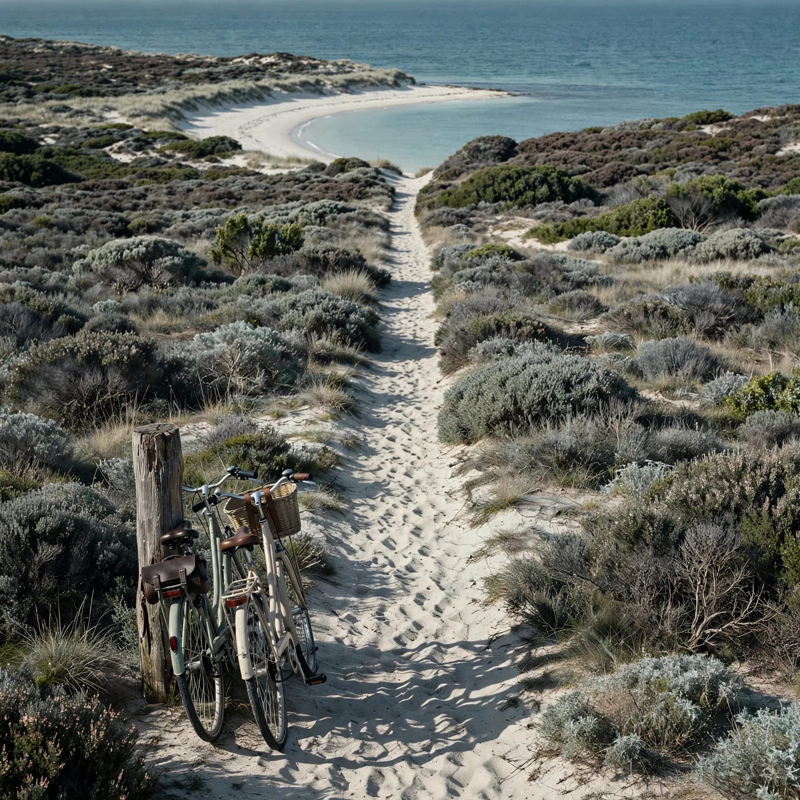 An empty island track between low coastal heath leading to a beach