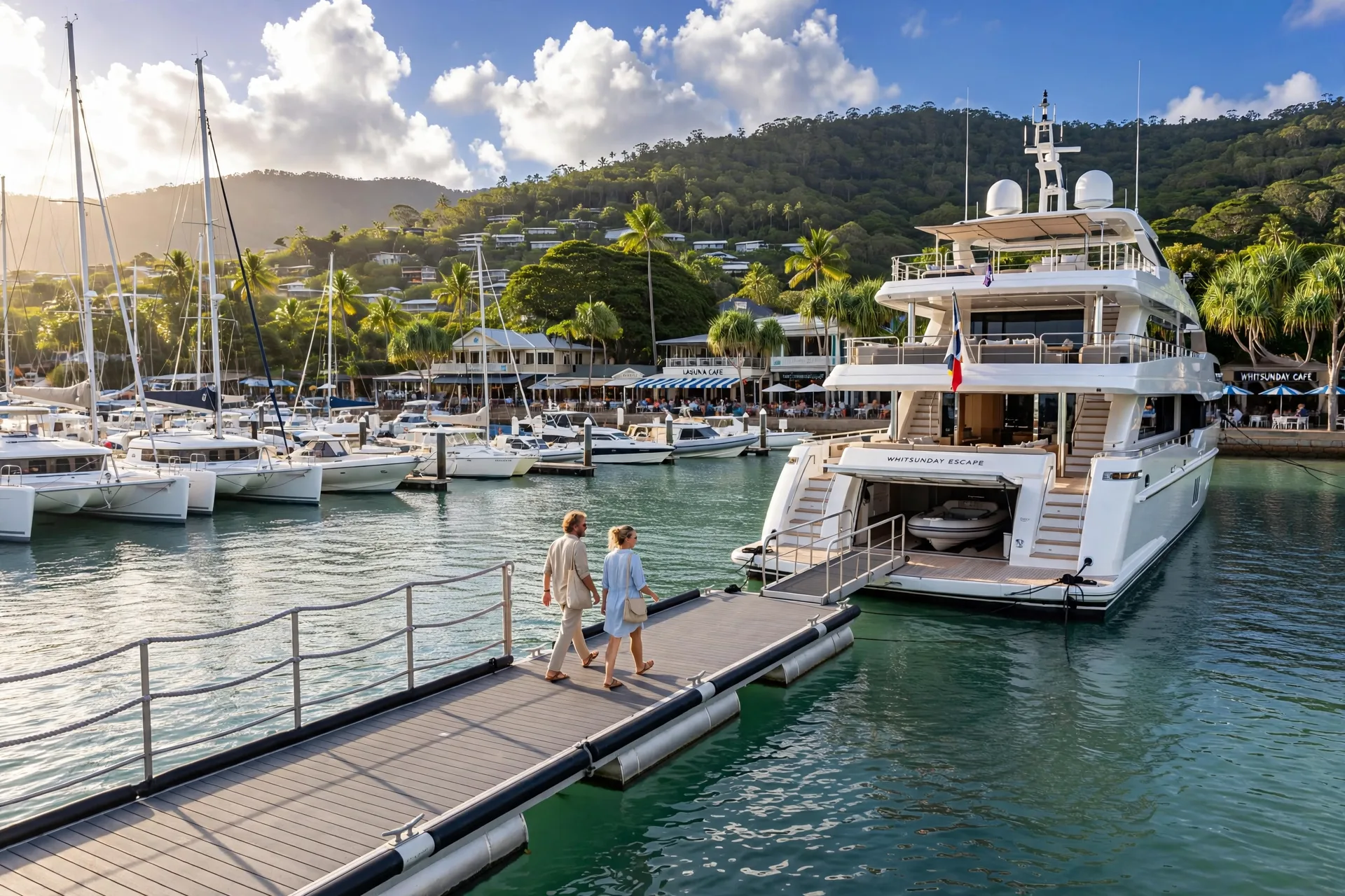 A yacht berthed at Airlie Beach marina in the Whitsundays