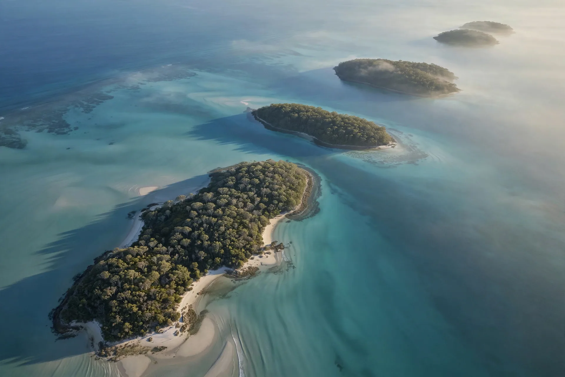 A chain of forested islands seen from the air in the early morning