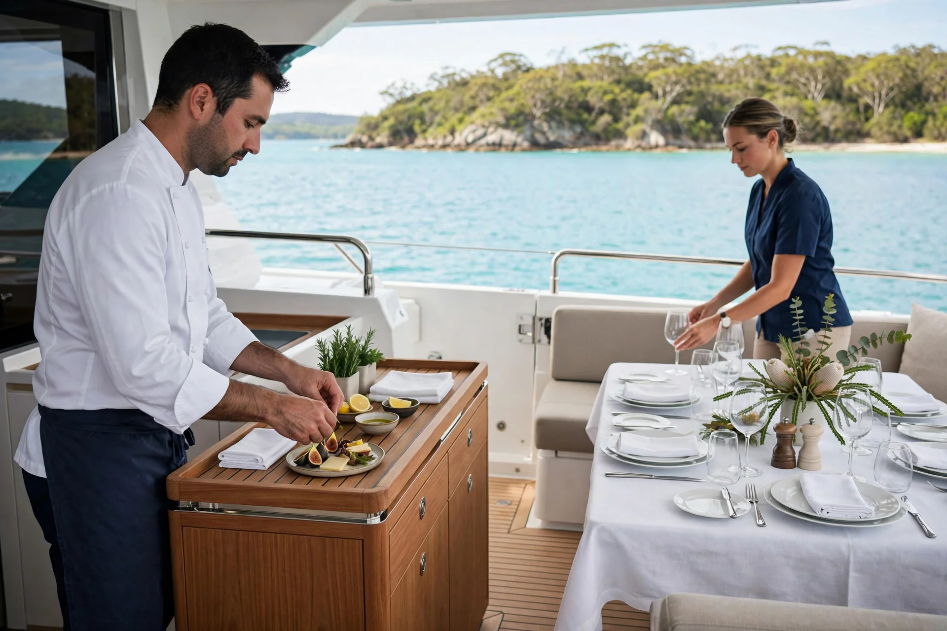 A chef and stewardess preparing a yacht deck meal beside an Australian bay